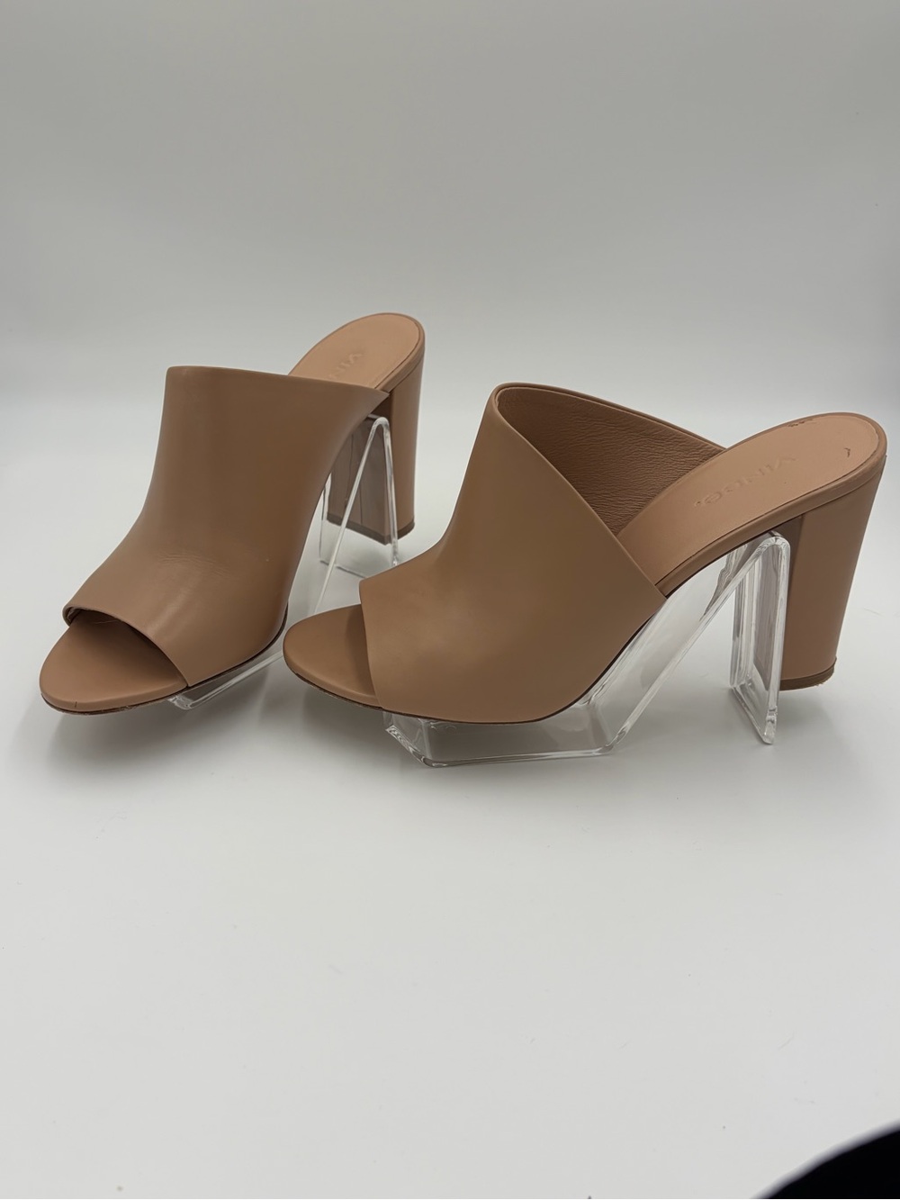 Vince Tan Leather Open-Toe Mules with Sculpted Heels Nude Preowned